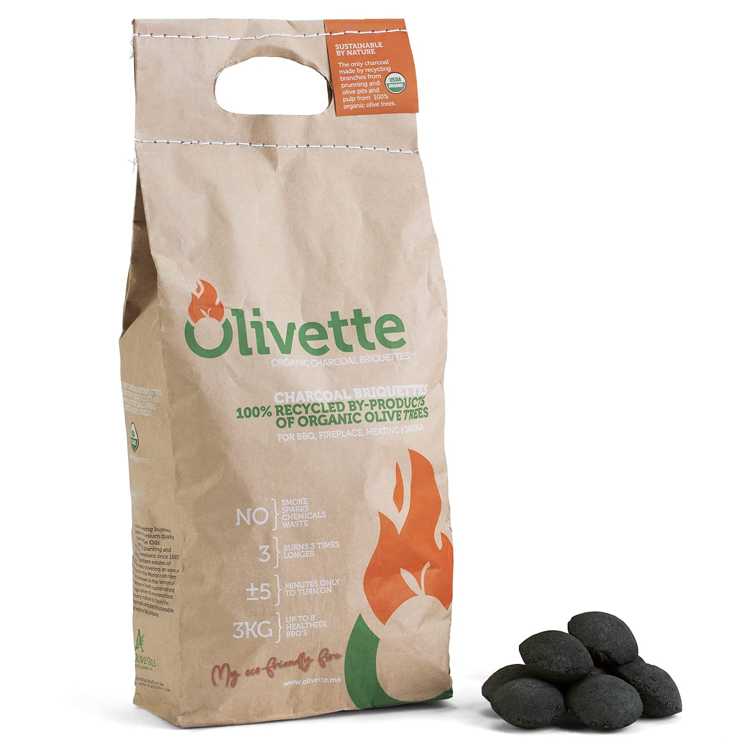 Olivette Organic Charcoal Briquettes bag view for eco-friendly grilling with recycled olive waste.