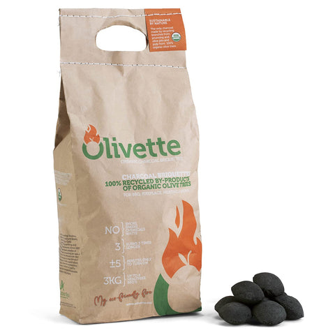 Olivette Organic Charcoal Briquettes bag view for eco-friendly grilling with recycled olive waste.