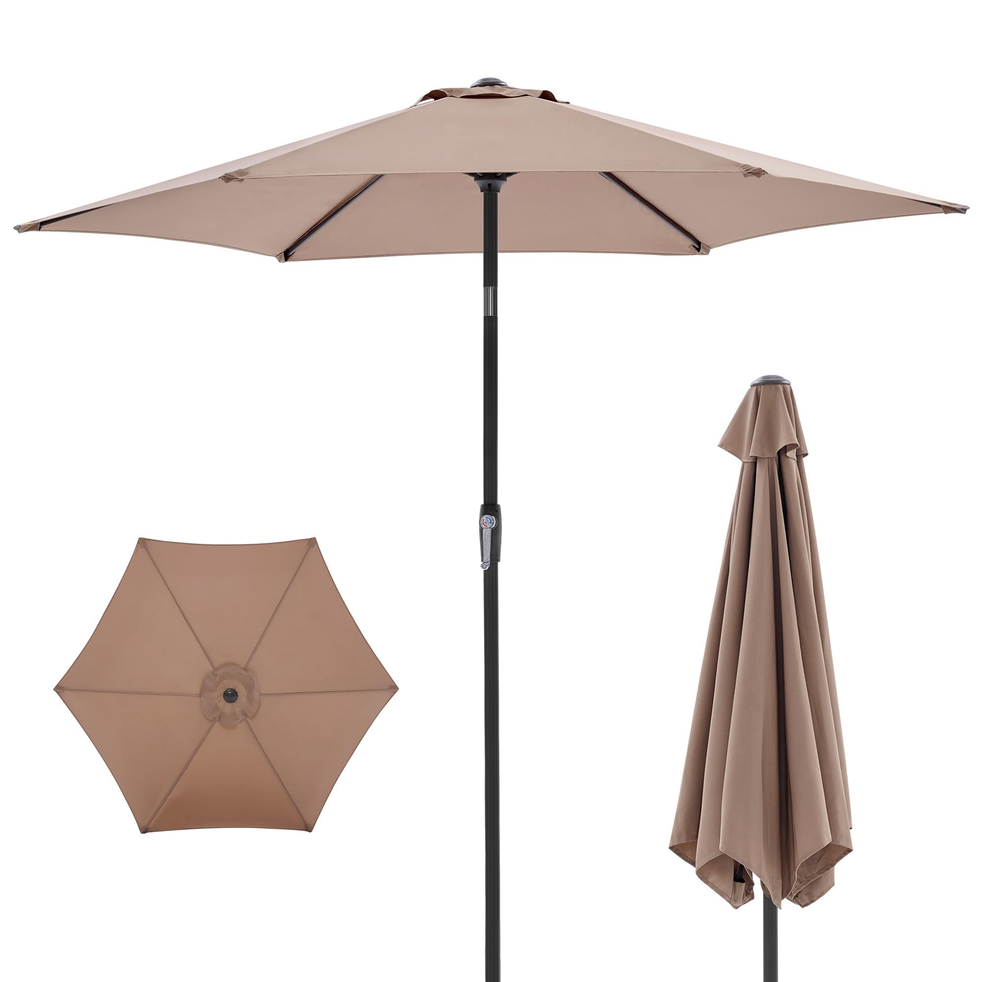 OLIXIS 7.5ft patio umbrella front view with khaki fabric for year-round shade