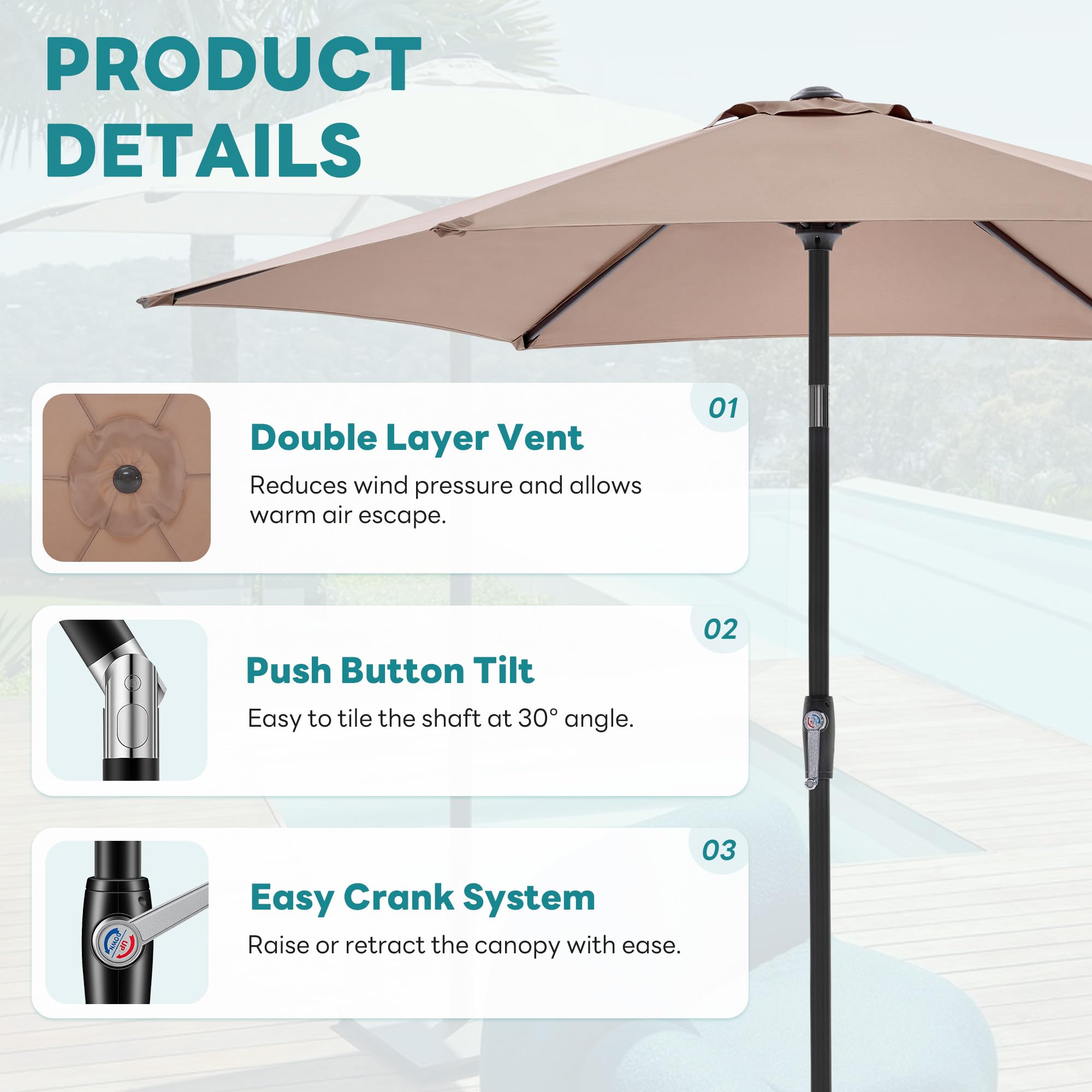 OLIXIS 7.5ft patio umbrella tilt angle showing customizable sun protection