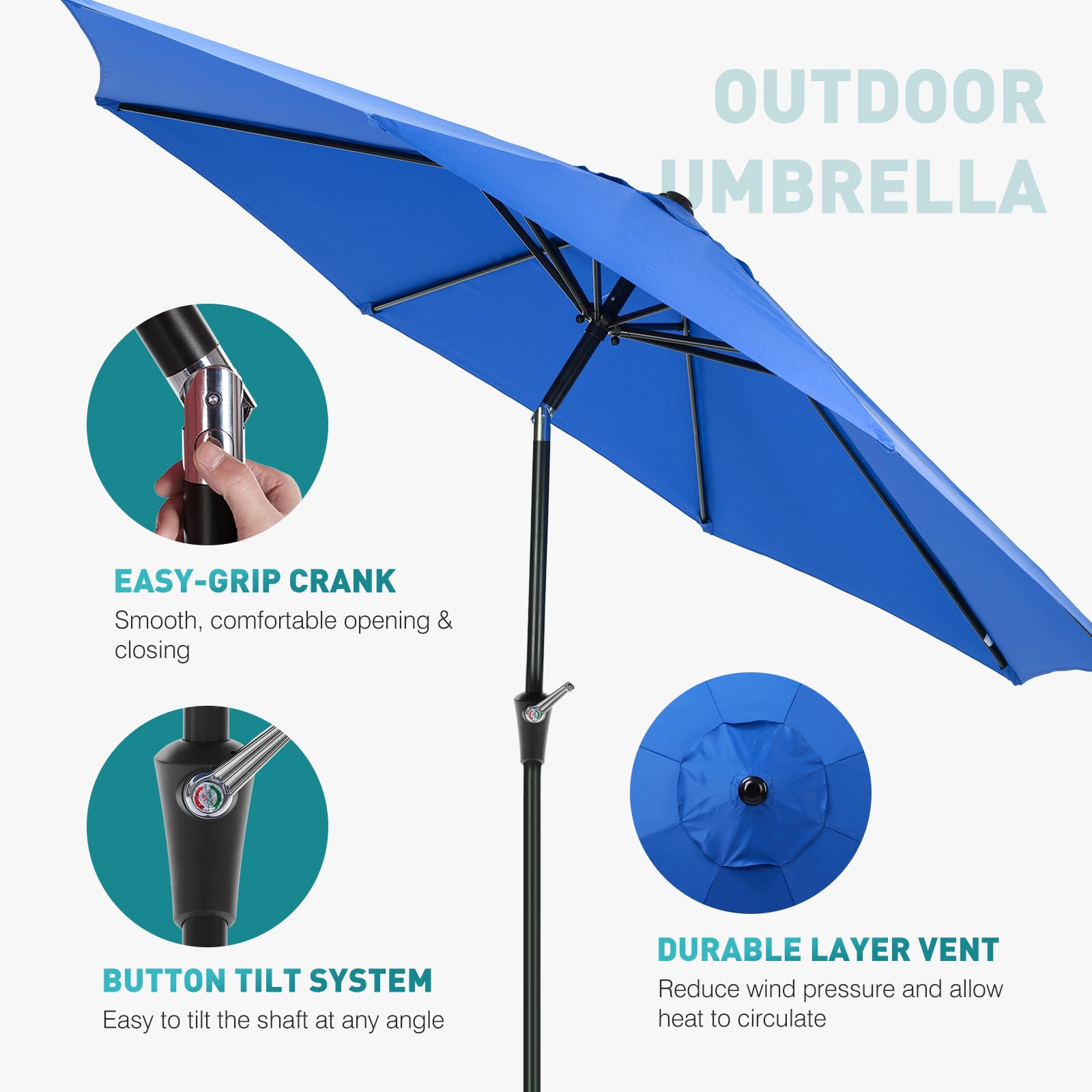 OLIXIS 9ft patio umbrella with 8-rib construction provides sturdy, long-lasting shade.