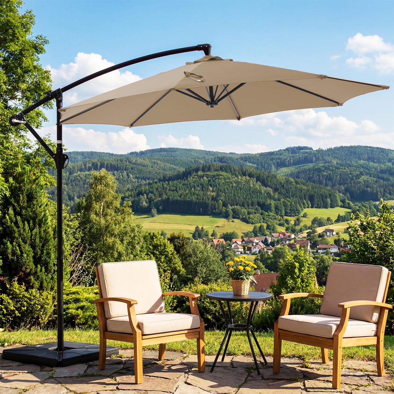 OLIXIS offset umbrella in backyard or lawn setting for shaded comfort.