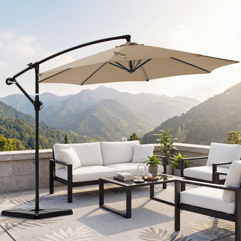 OLIXIS 9.7ft offset umbrella base tipping prevention feature with fill options.