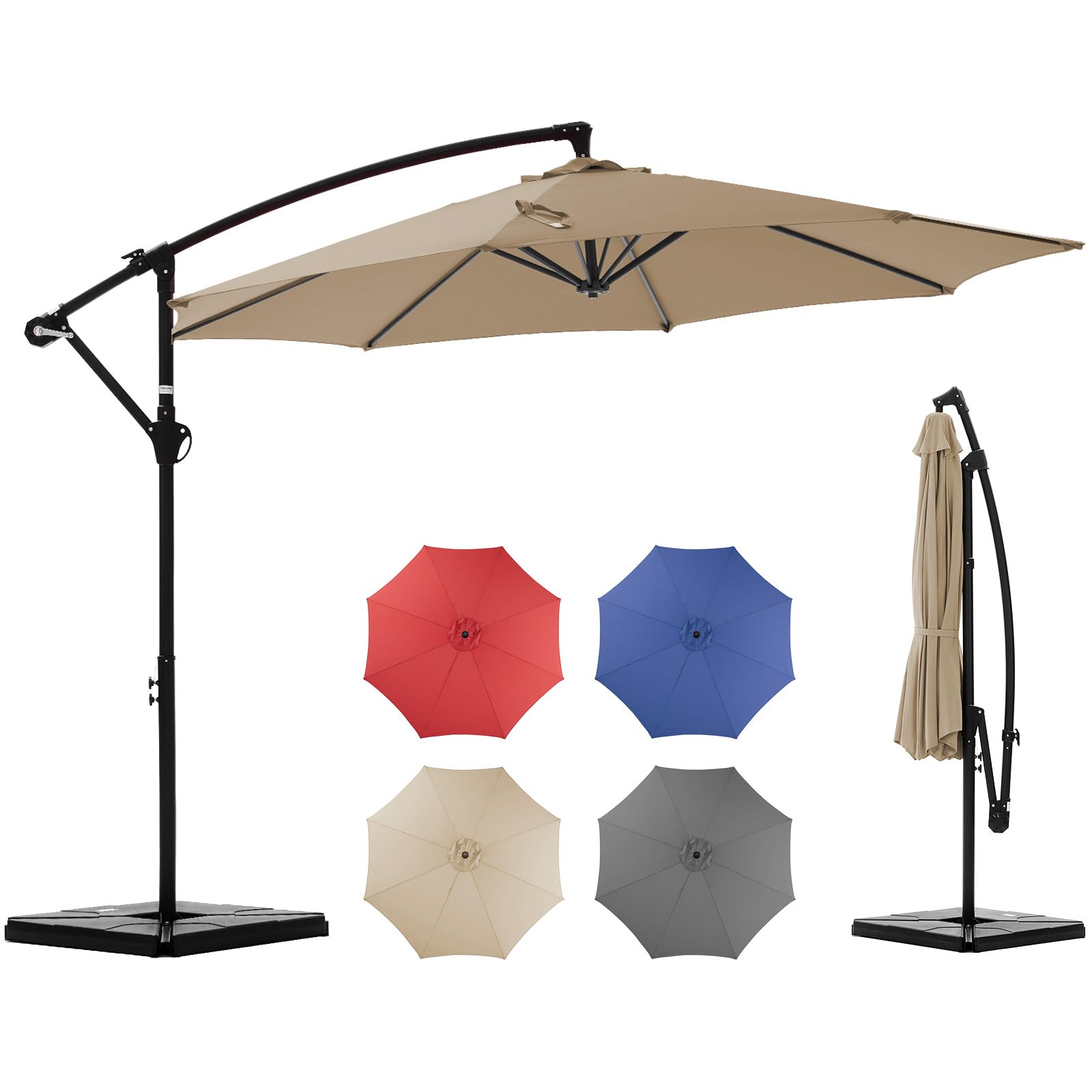 OLIXIS 9.7ft offset umbrella with base water-fill prevents tipping in outdoor spaces.