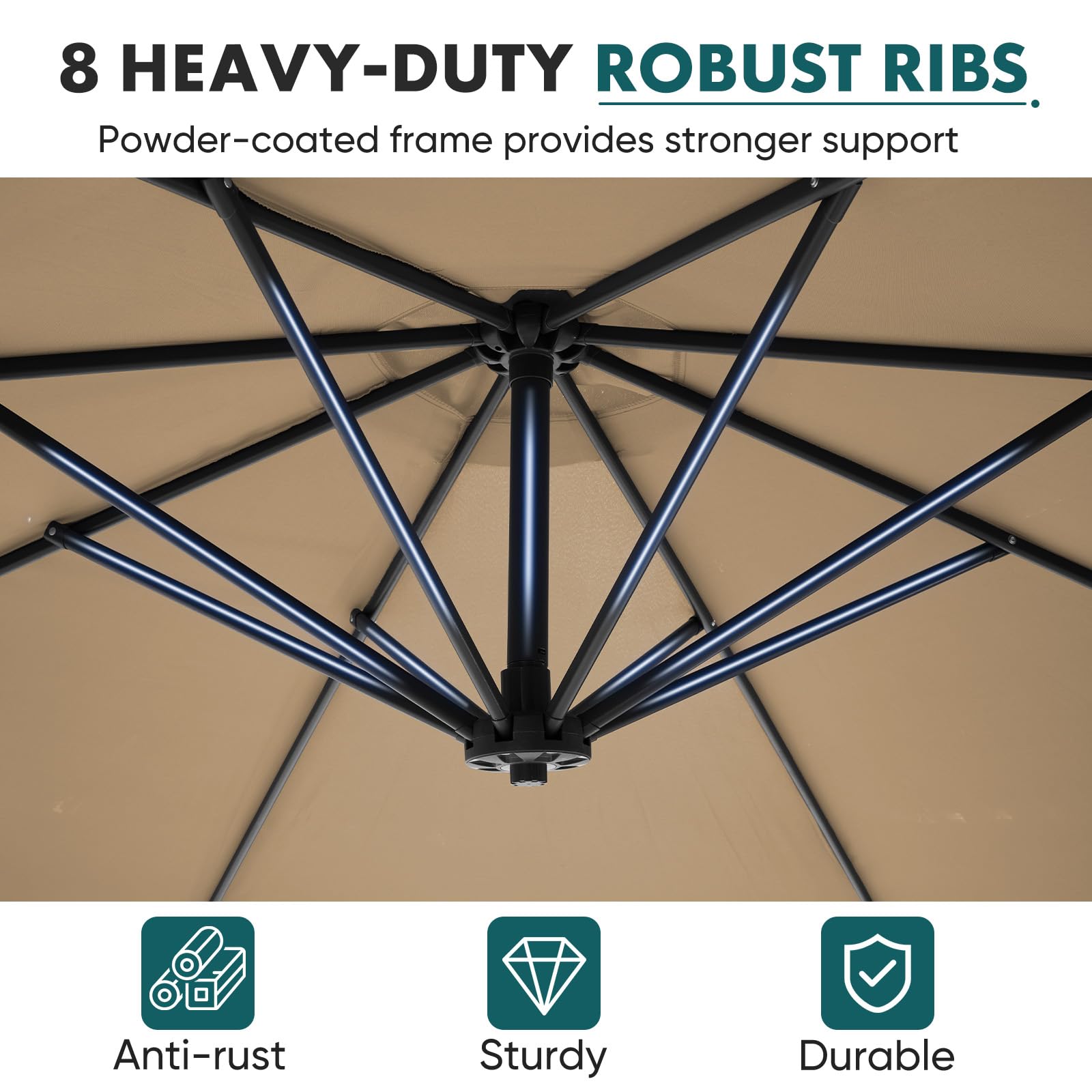 OLIXIS offset umbrella powder-coated frame resists rust and peeling.
