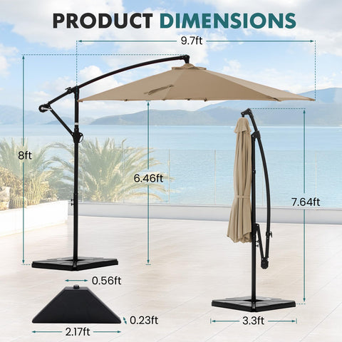 OLIXIS 9.7ft offset umbrella ideal for patios, pools, and balconies outdoors.