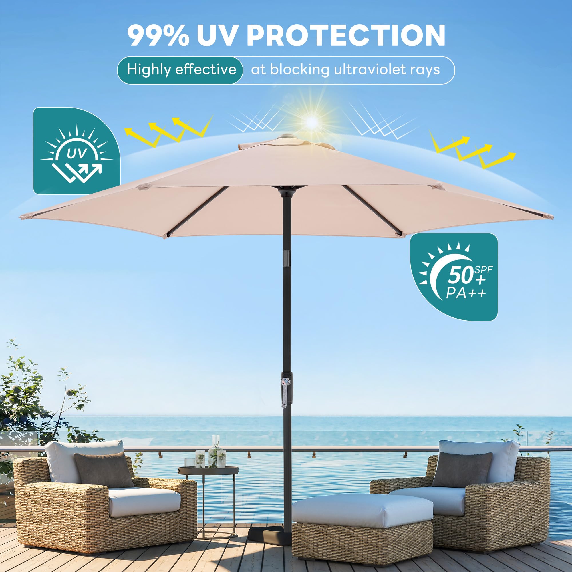 OLIXIS beige umbrella blends with outdoor décor while delivering reliable shade.