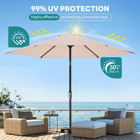 OLIXIS beige umbrella blends with outdoor décor while delivering reliable shade.