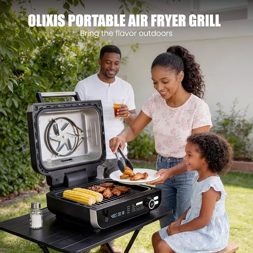 OLIXIS Electric Grill with lid open demonstrates easy access for quick batch cooking.