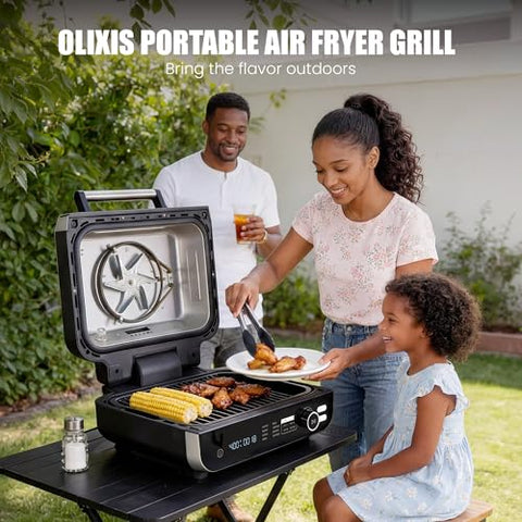 OLIXIS Electric Grill with lid open demonstrates easy access for quick batch cooking.