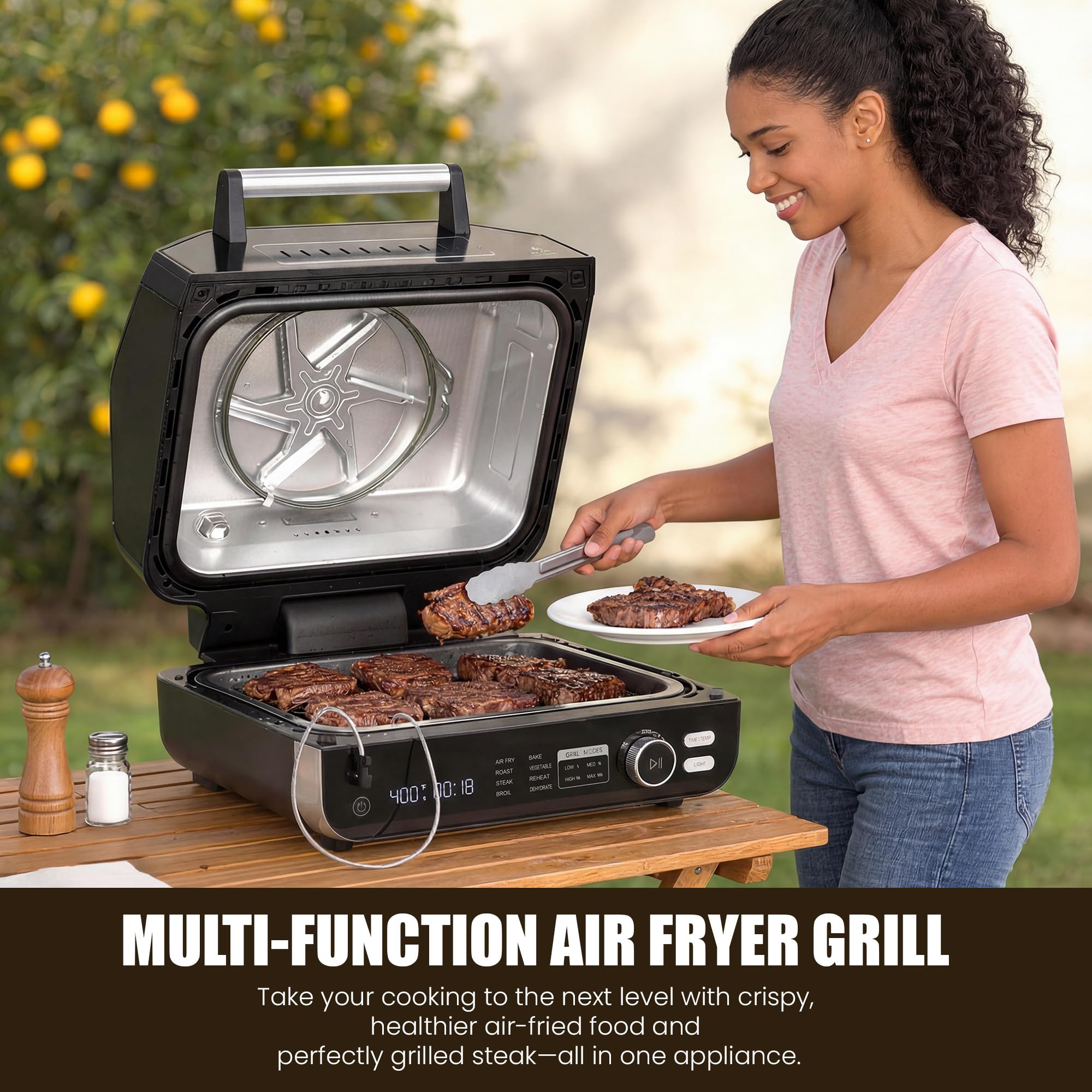 OLIXIS Electric Grill roasting vegetables on grill plate underlines even heating.