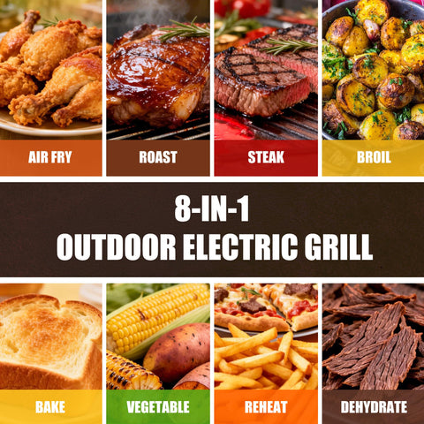 OLIXIS Electric Grill temperature range visual demonstrates 140–450°F for precise cooking.