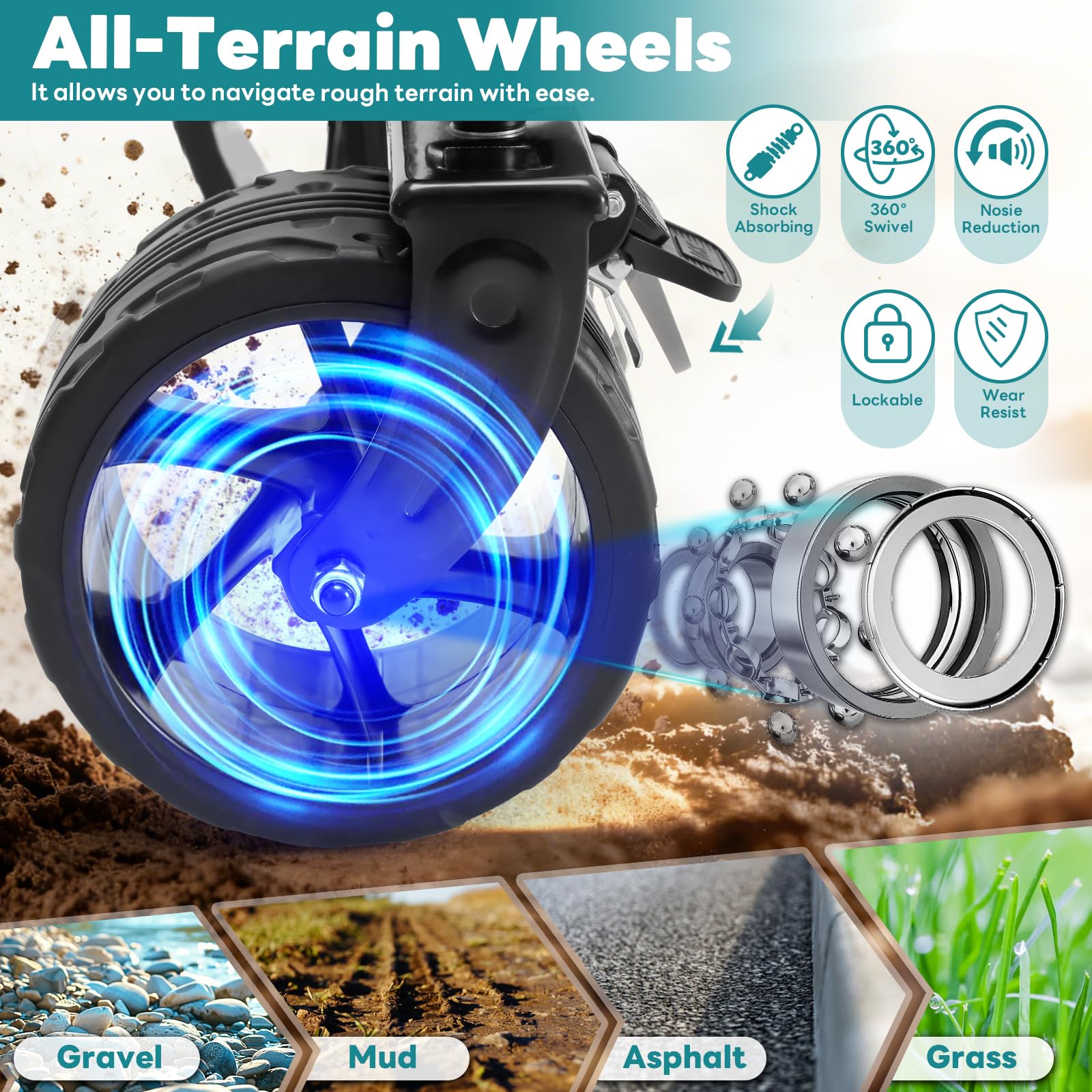 OLIXIS all-terrain wheels provide smooth travel on sand, grass, and gravel.