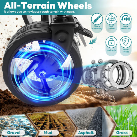 OLIXIS all-terrain wheels provide smooth travel on sand, grass, and gravel.