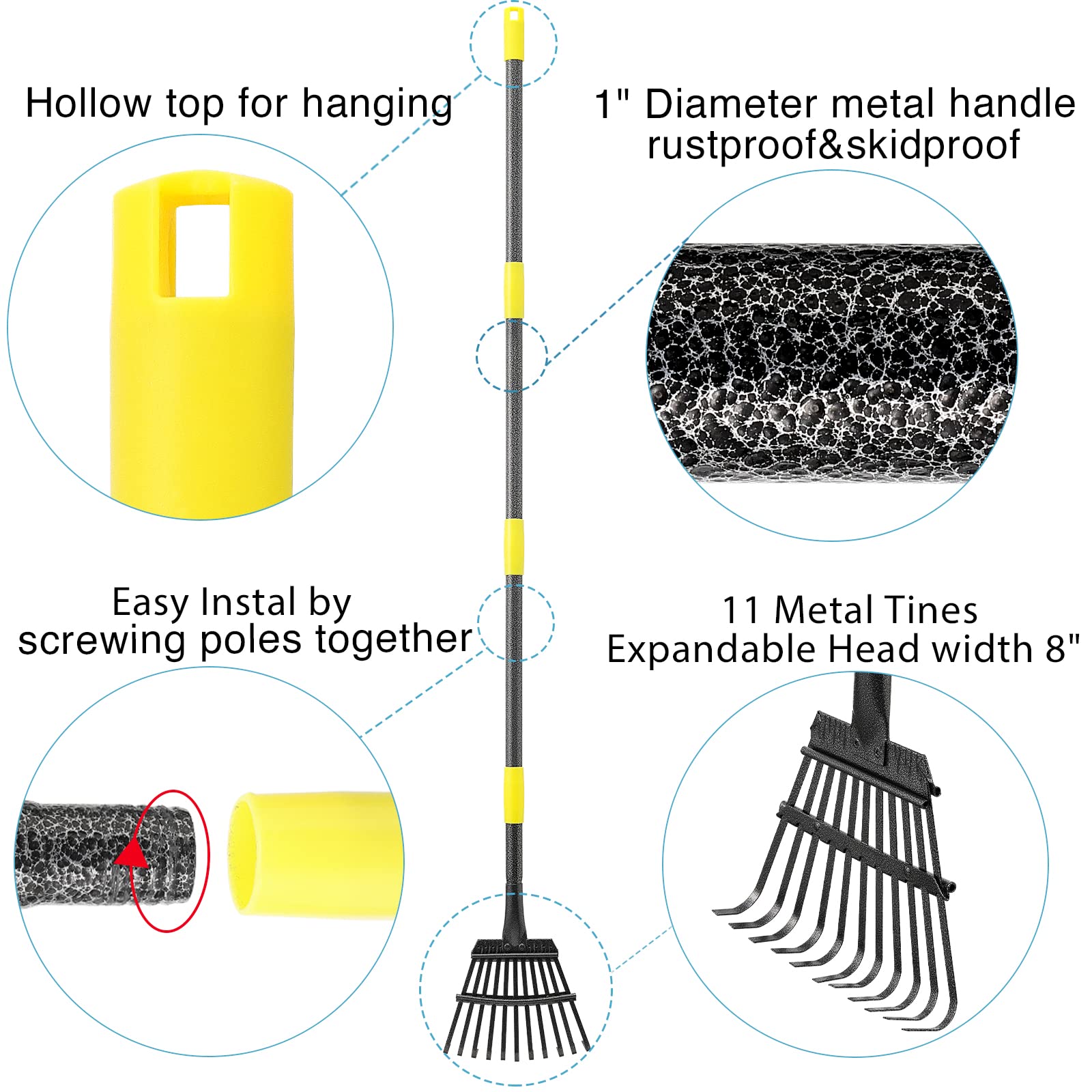 Oliynedy 11-tine 9-inch wide rake clears leaves and debris efficiently.