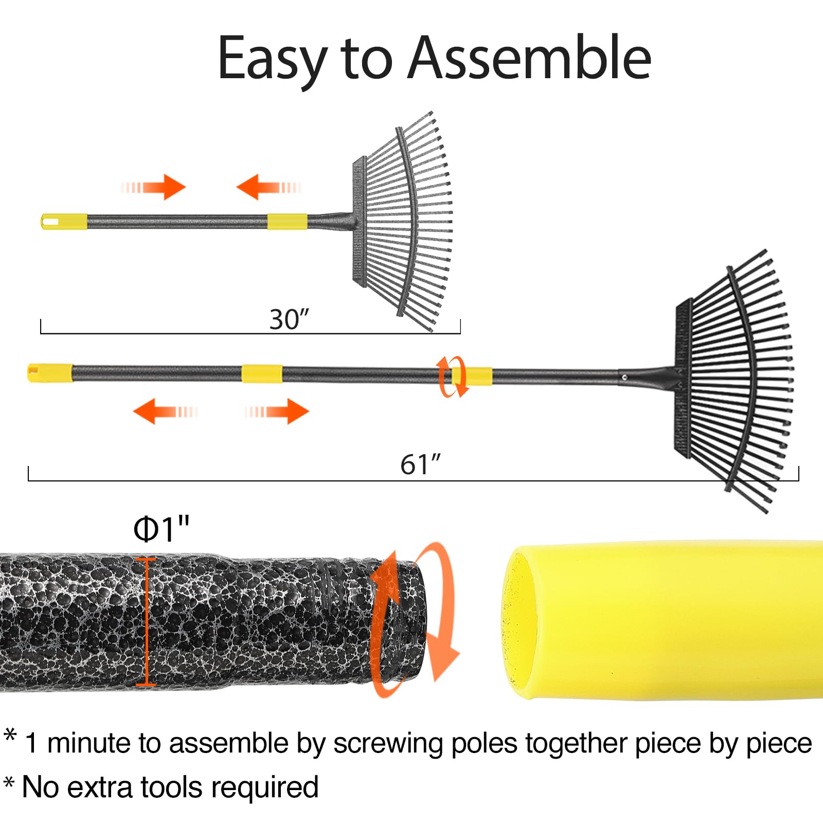 Oliynedy adjustable-length rake from 30 to 61 inches for comfortable reach