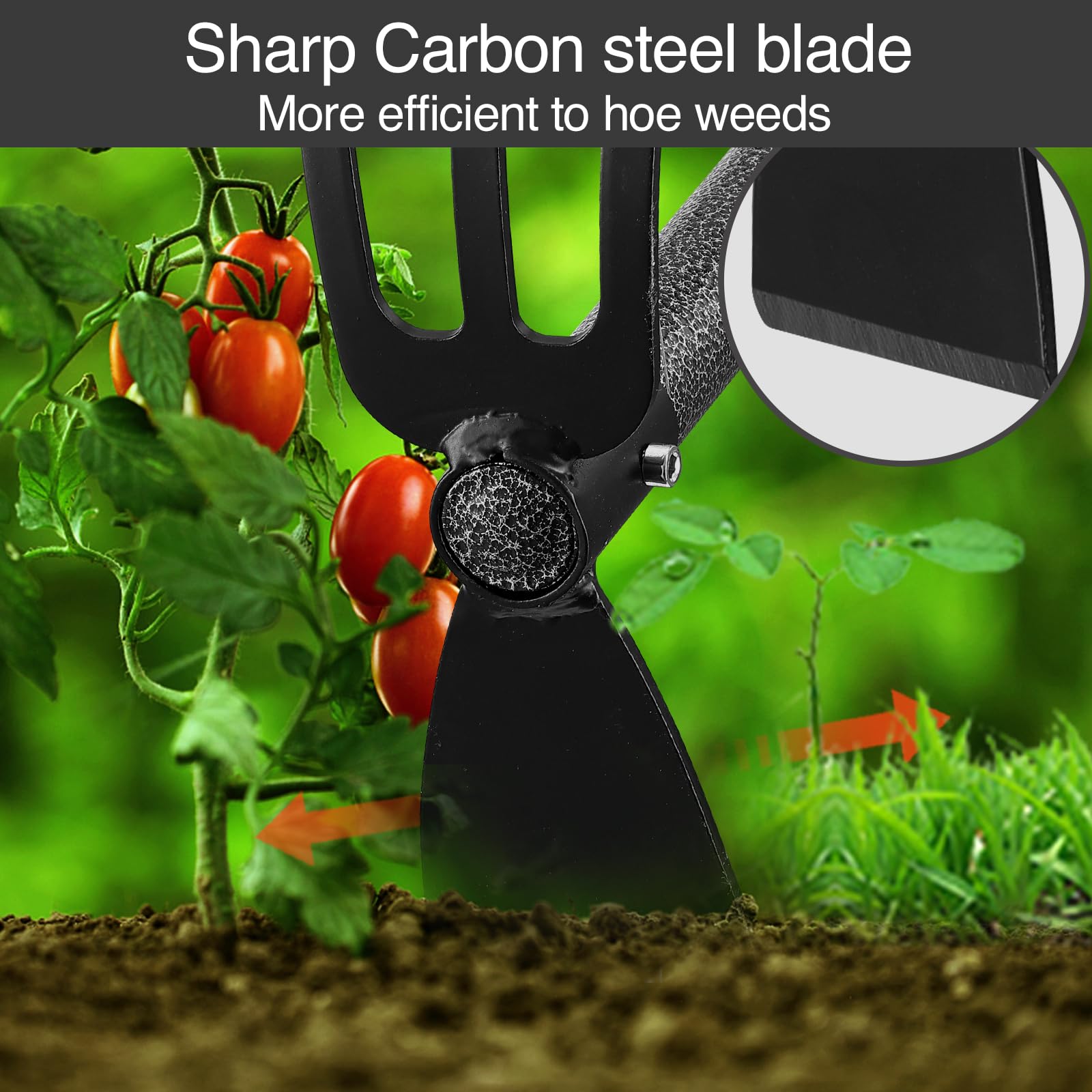 Oliynedy carbon steel blade close-up for sturdy weed cutting and soil loosening.