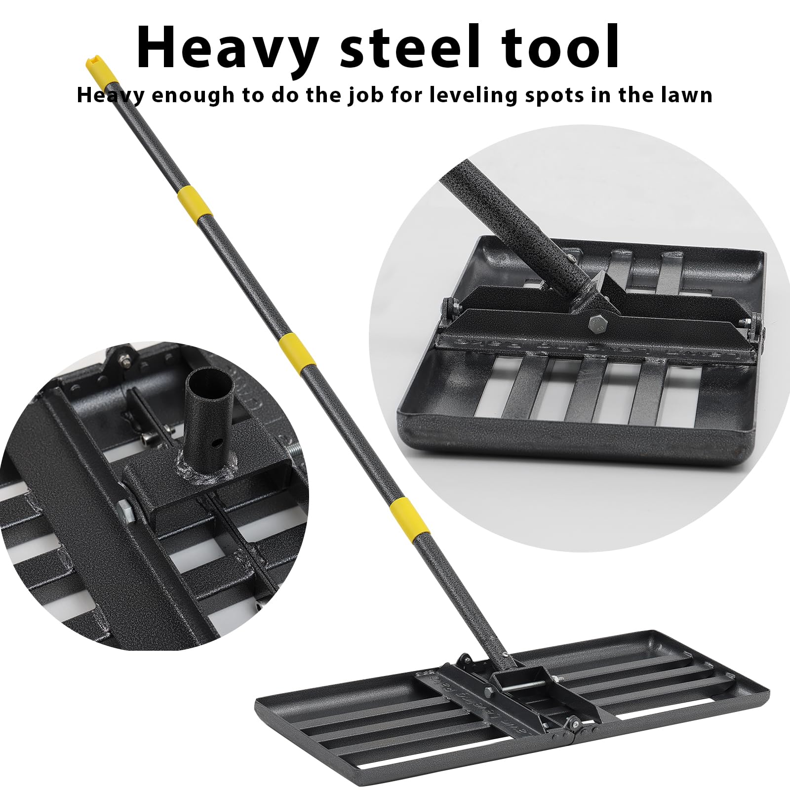 Oliynedy garden leveling rake demonstrated in a yard setting.