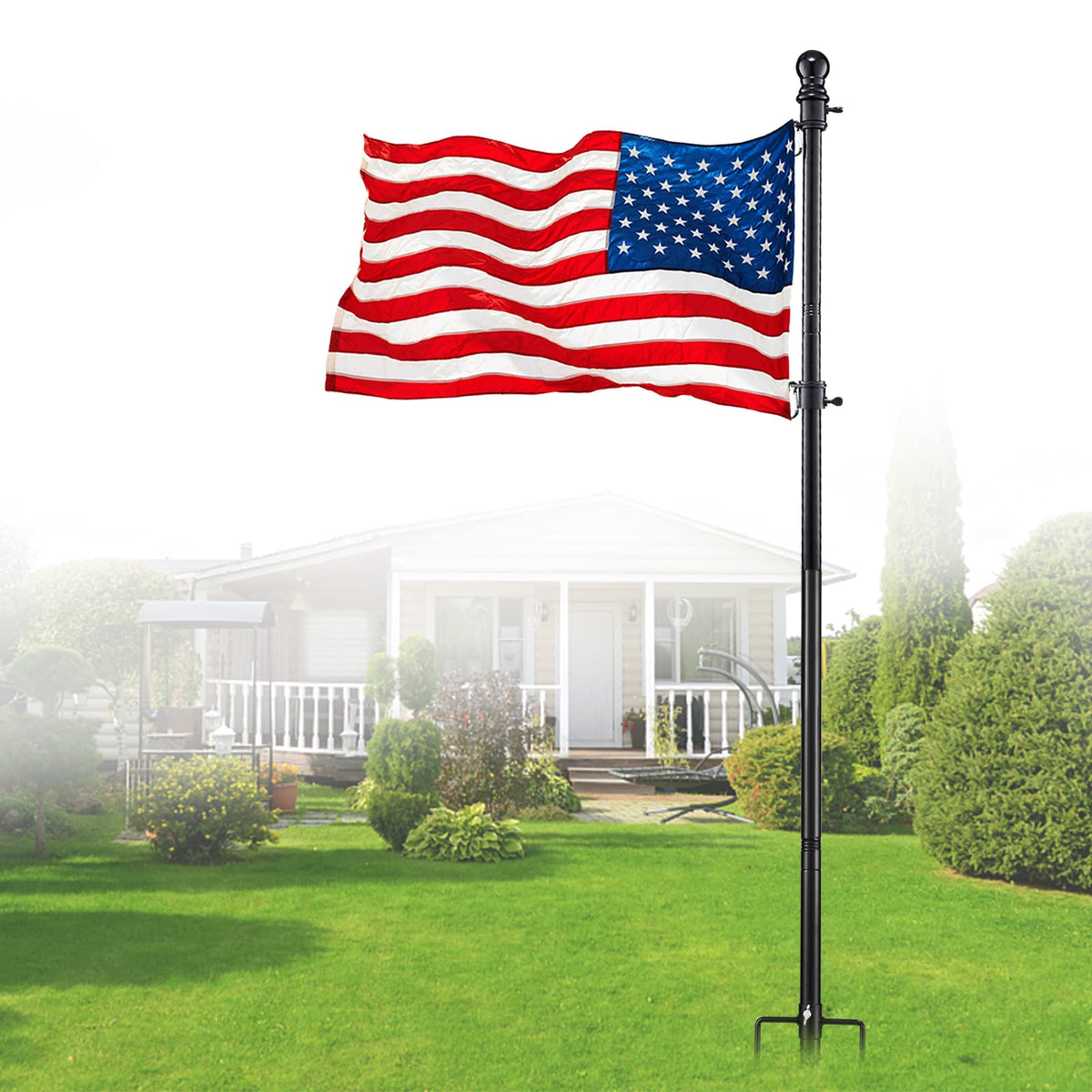 Oliynedy ground flag poles kit set up in a yard for outdoor display