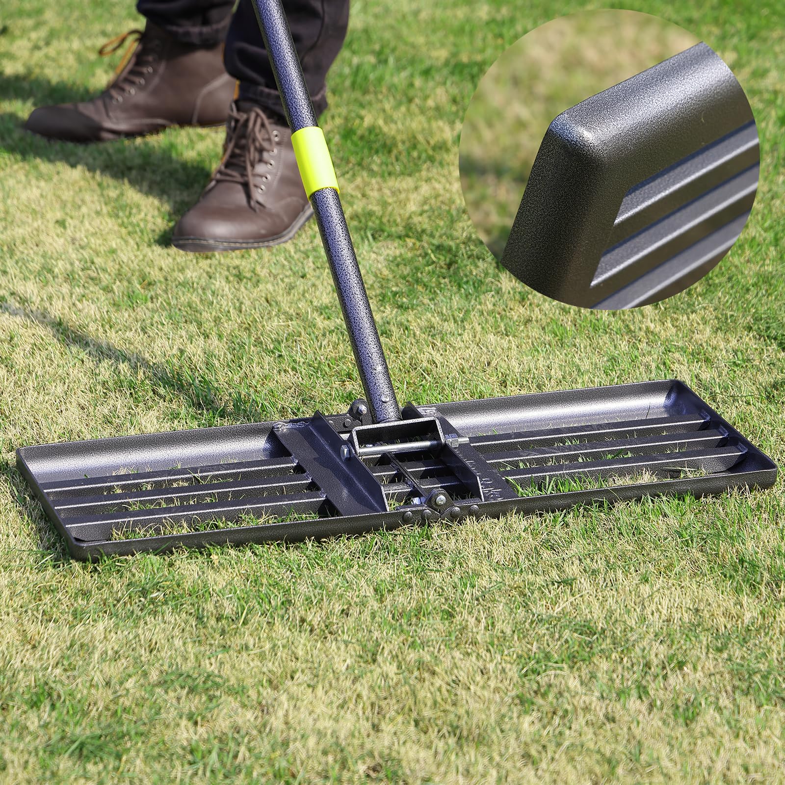 Oliynedy Lawn Leveling Rake with a 26x10 ground plate for fast soil leveling.