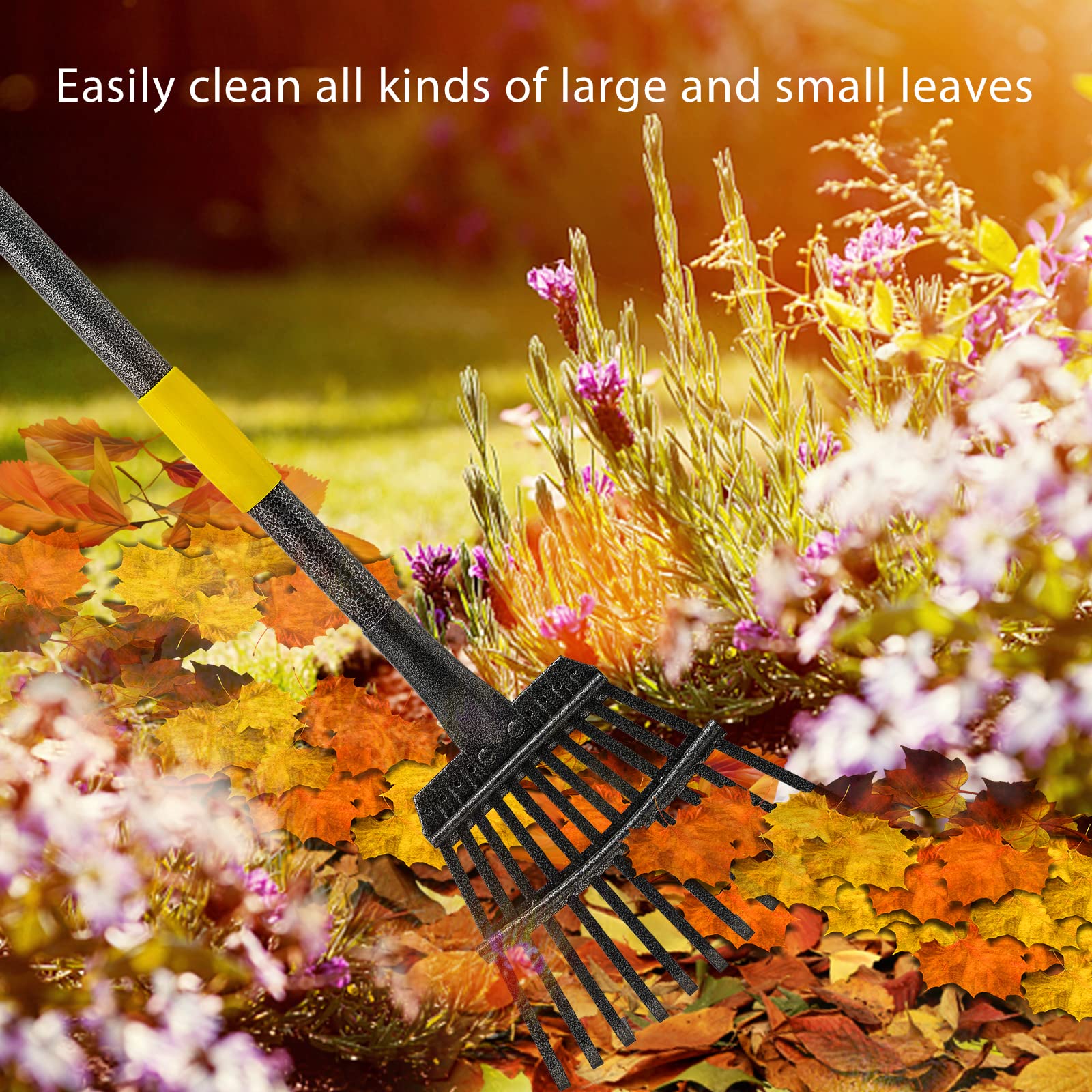 Oliynedy nine-inch wide rake head tackles leaves near flower beds.
