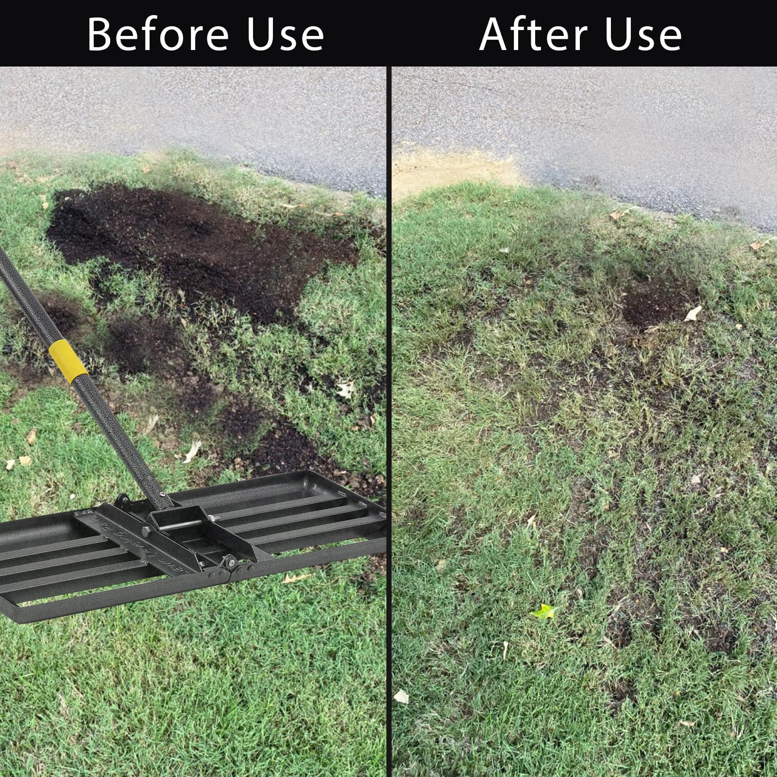 Oliynedy long-handle lawn leveling rake shown for upright operation.