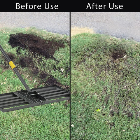 Oliynedy long-handle lawn leveling rake shown for upright operation.