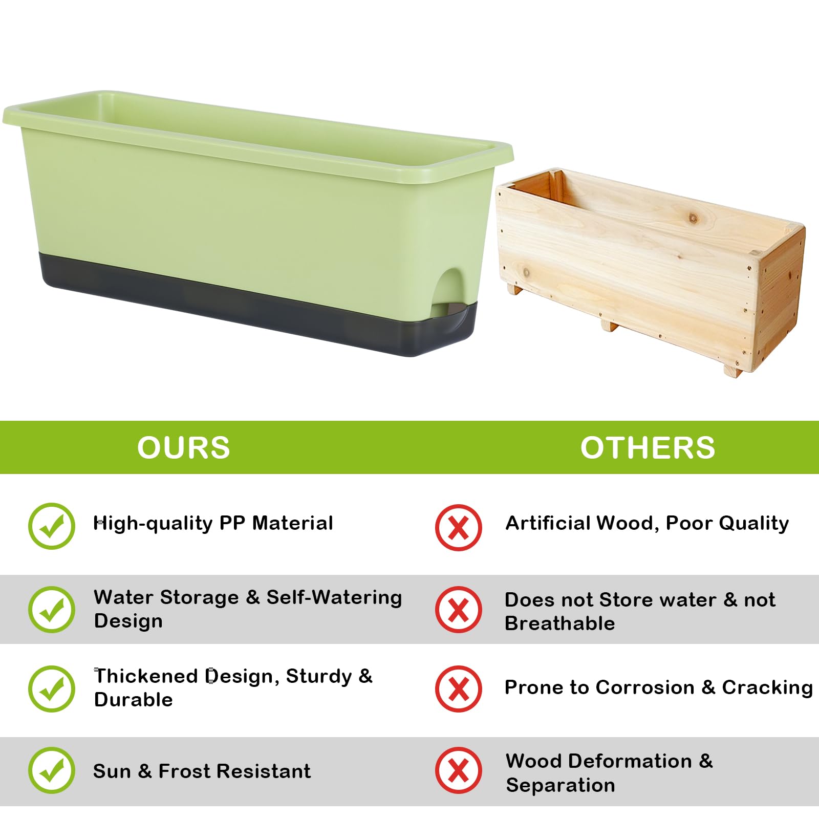 Oliz window boxes shown in indoor and outdoor setups for versatility.
