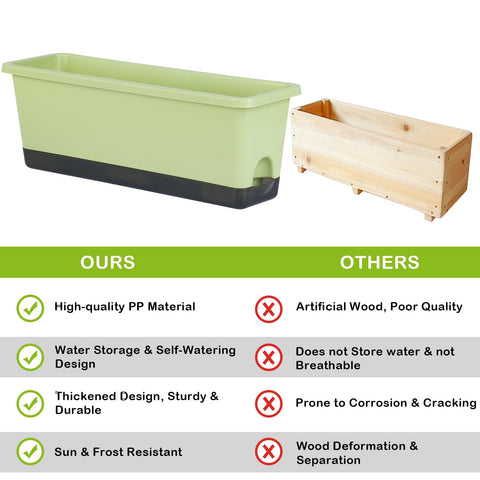 Oliz window boxes shown in indoor and outdoor setups for versatility.