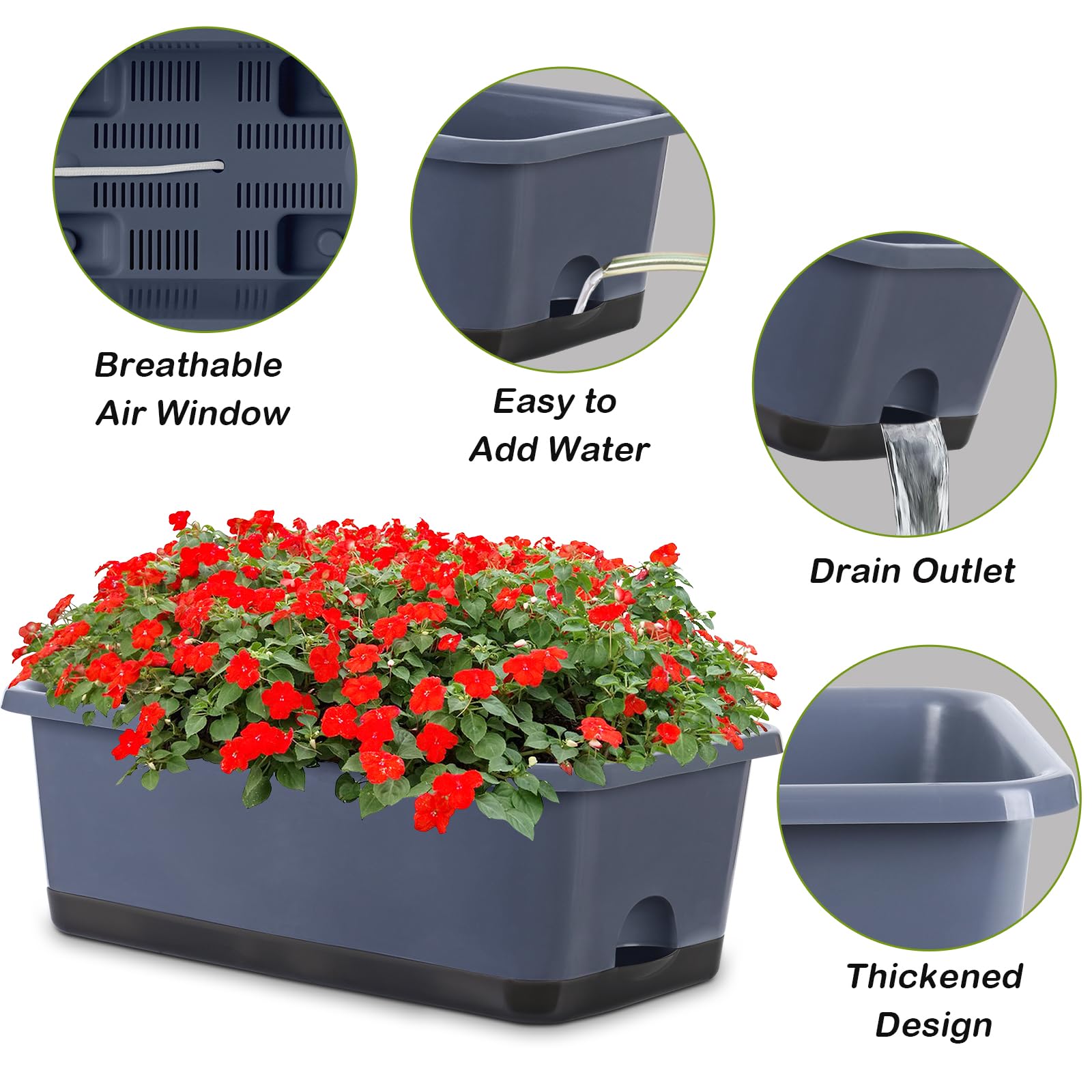 Oliz rectangular pots in grey provide compact windowsill garden space