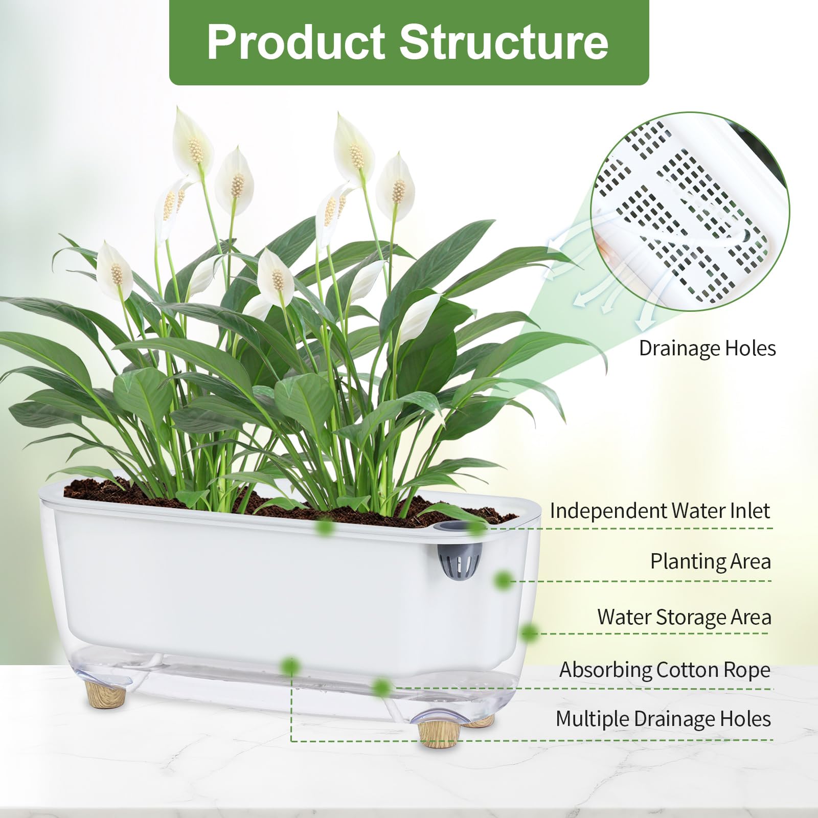 Oliz self-watering planter wooden-legs provide stable support on shelves