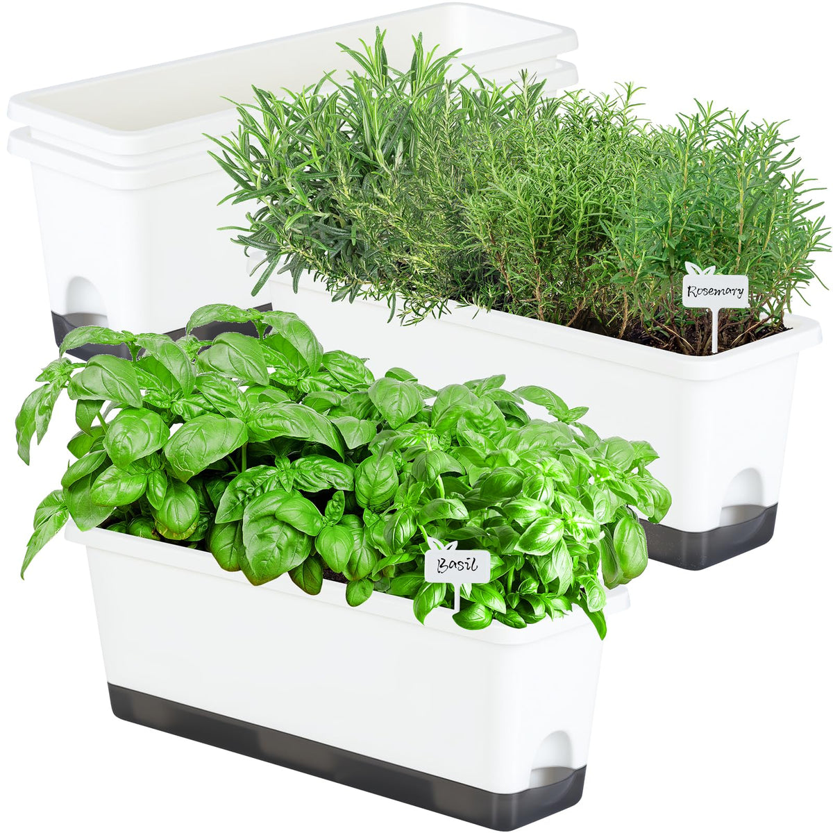 Oliz Window Box Planter 4-pack front view shows white rectangular pots for herbs and flowers.