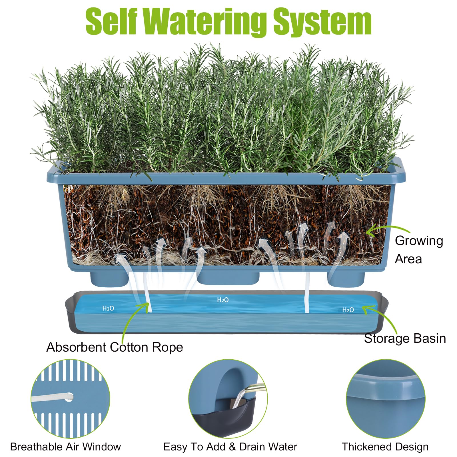 Oliz window box planter reservoir shows 1 liter capacity