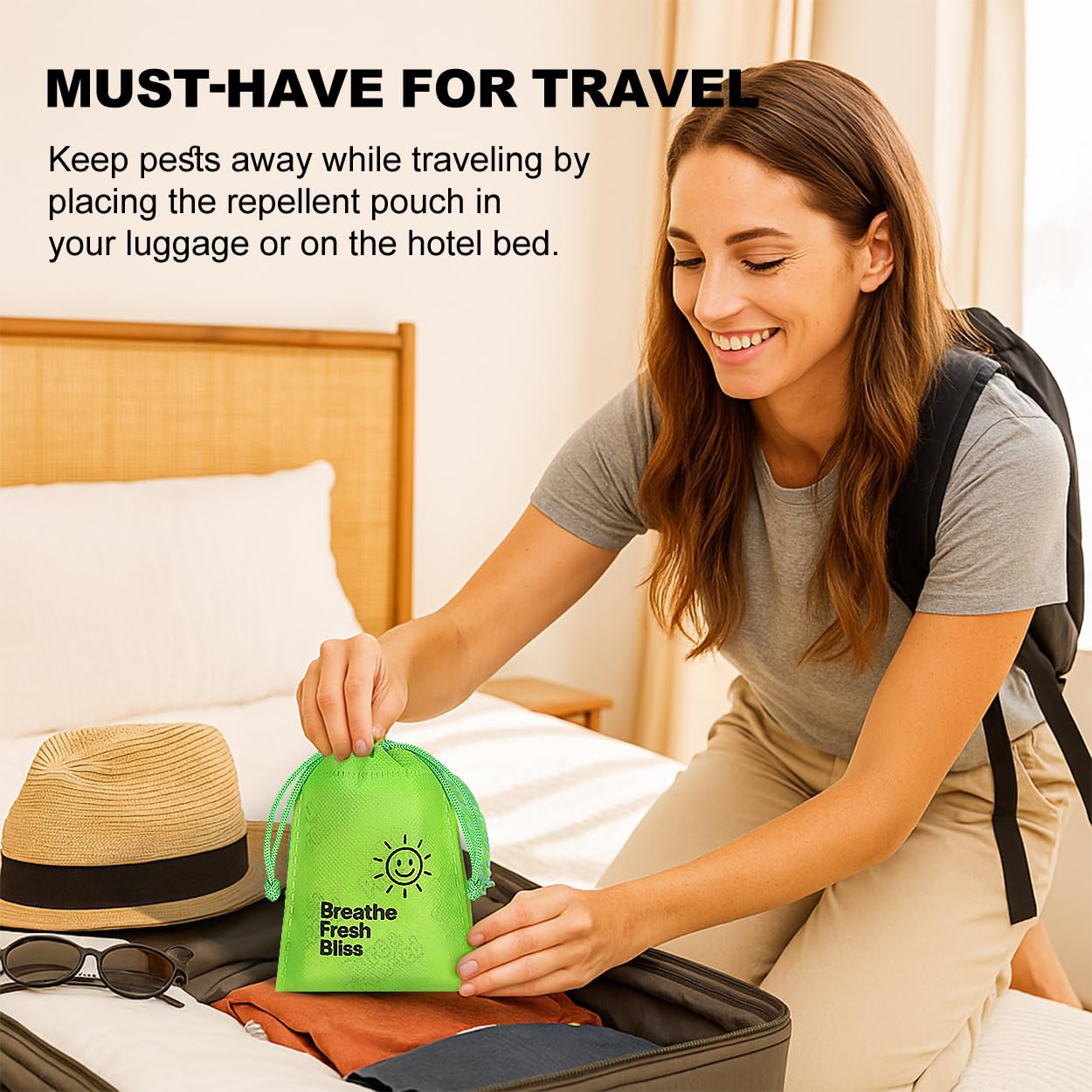 Olougda pouch on sofa supports ongoing, non-toxic deterrence for upholstered furniture.
