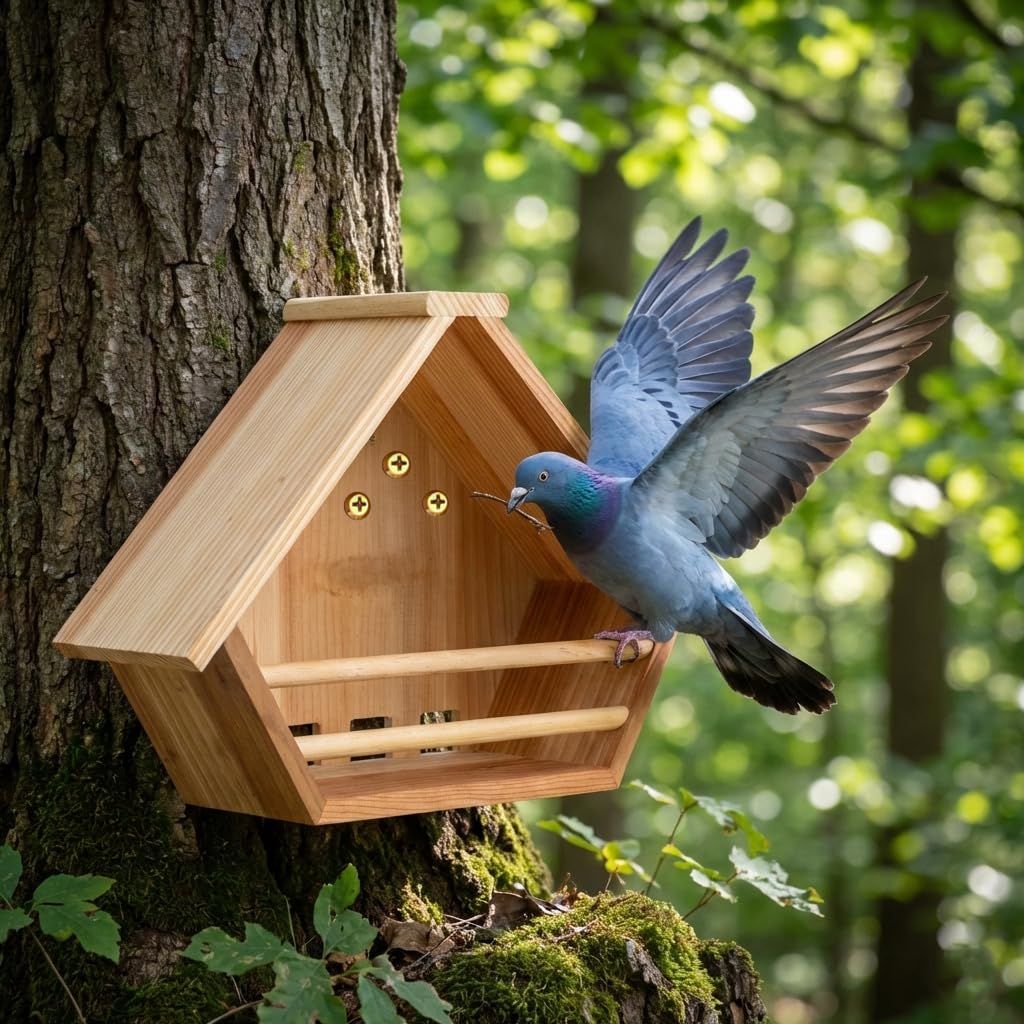 Oltara Cedar Mourning Dove Box mounted under eaves for sheltered nesting.