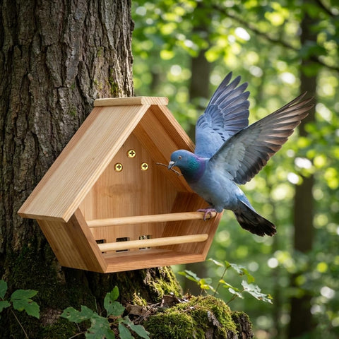 Oltara Cedar Mourning Dove Box mounted under eaves for sheltered nesting.
