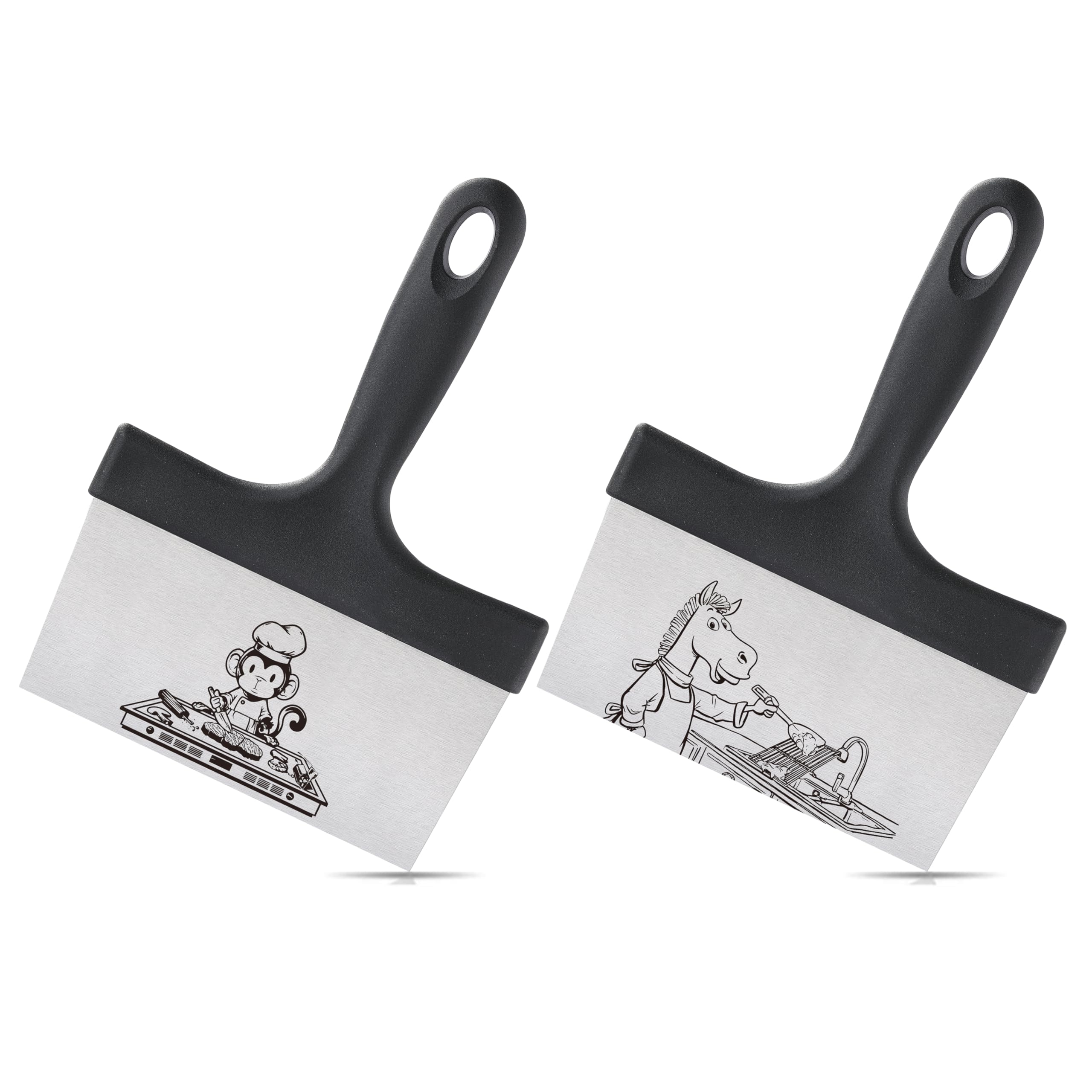 OLULU 2PCS Griddle Scraper set shown for cooking and cleaning tasks