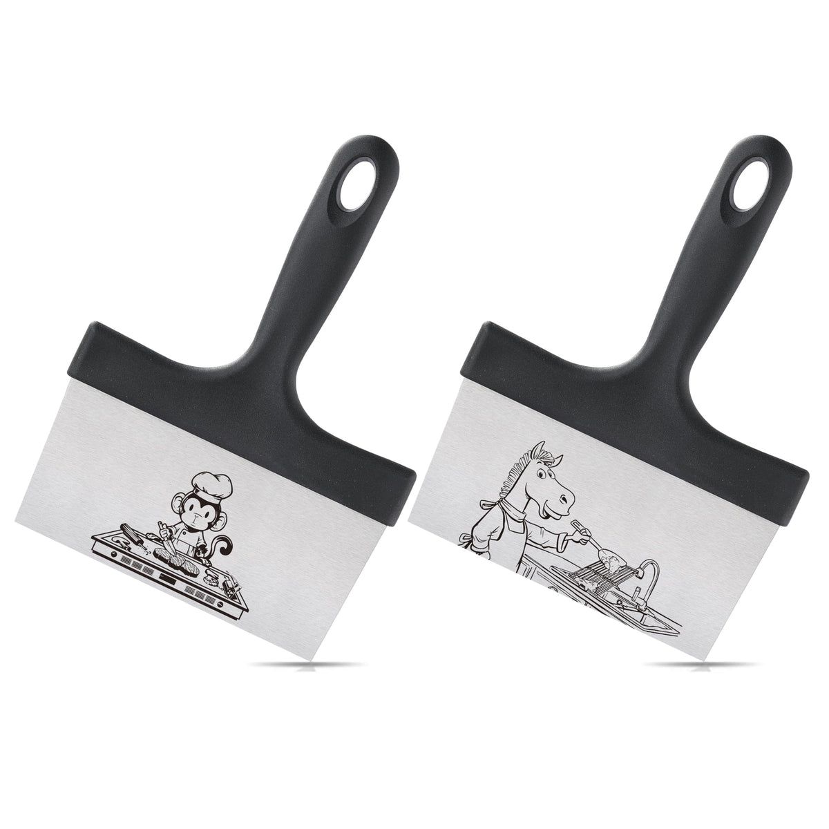 OLULU 2PCS Griddle Scraper set shown for cooking and cleaning tasks