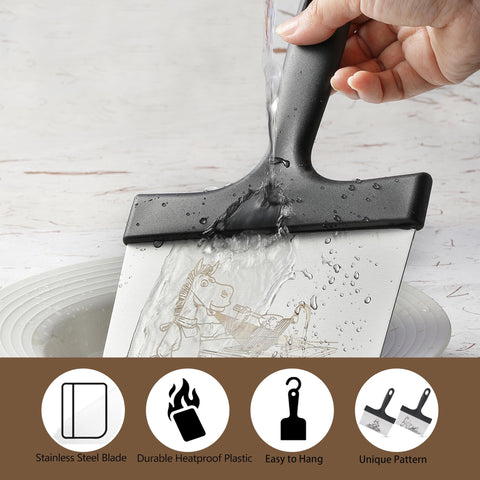 Heavy-duty griddle scraper ready for tough residue on a hot surface