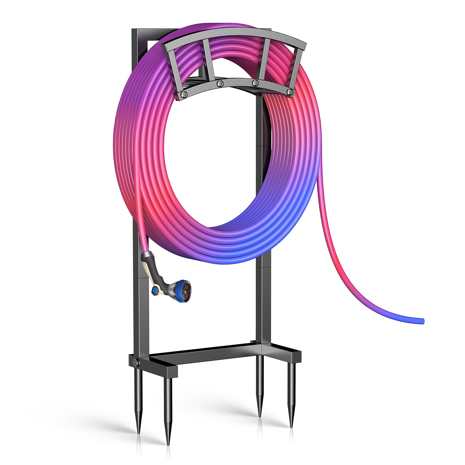 OLV garden hose holder stand keeps hoses organized outdoors.