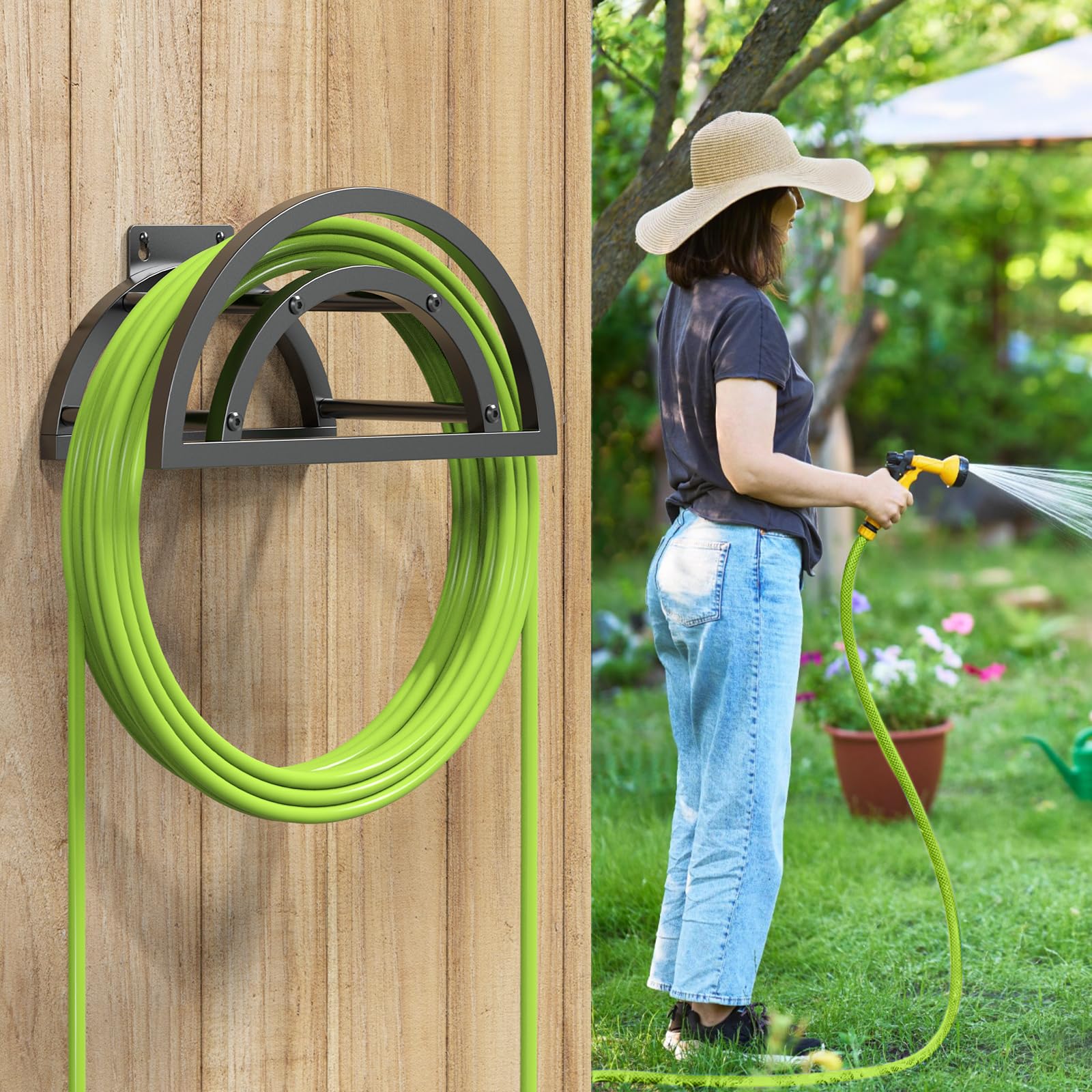 OLV outdoor hose organizer adds tidy utility to yard, garden, or farm.