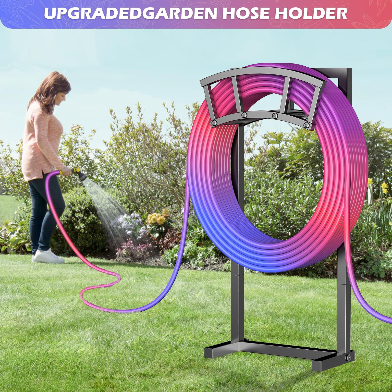 OLV weatherproof hose reel fits yards, gardens, and patios.