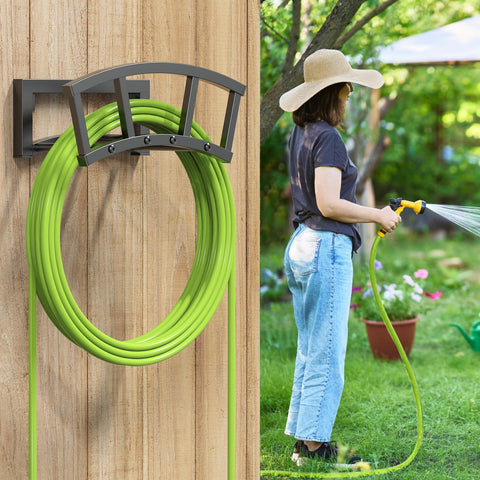 OLV sturdy 125 ft hose storage reel keeps hoses off the ground.