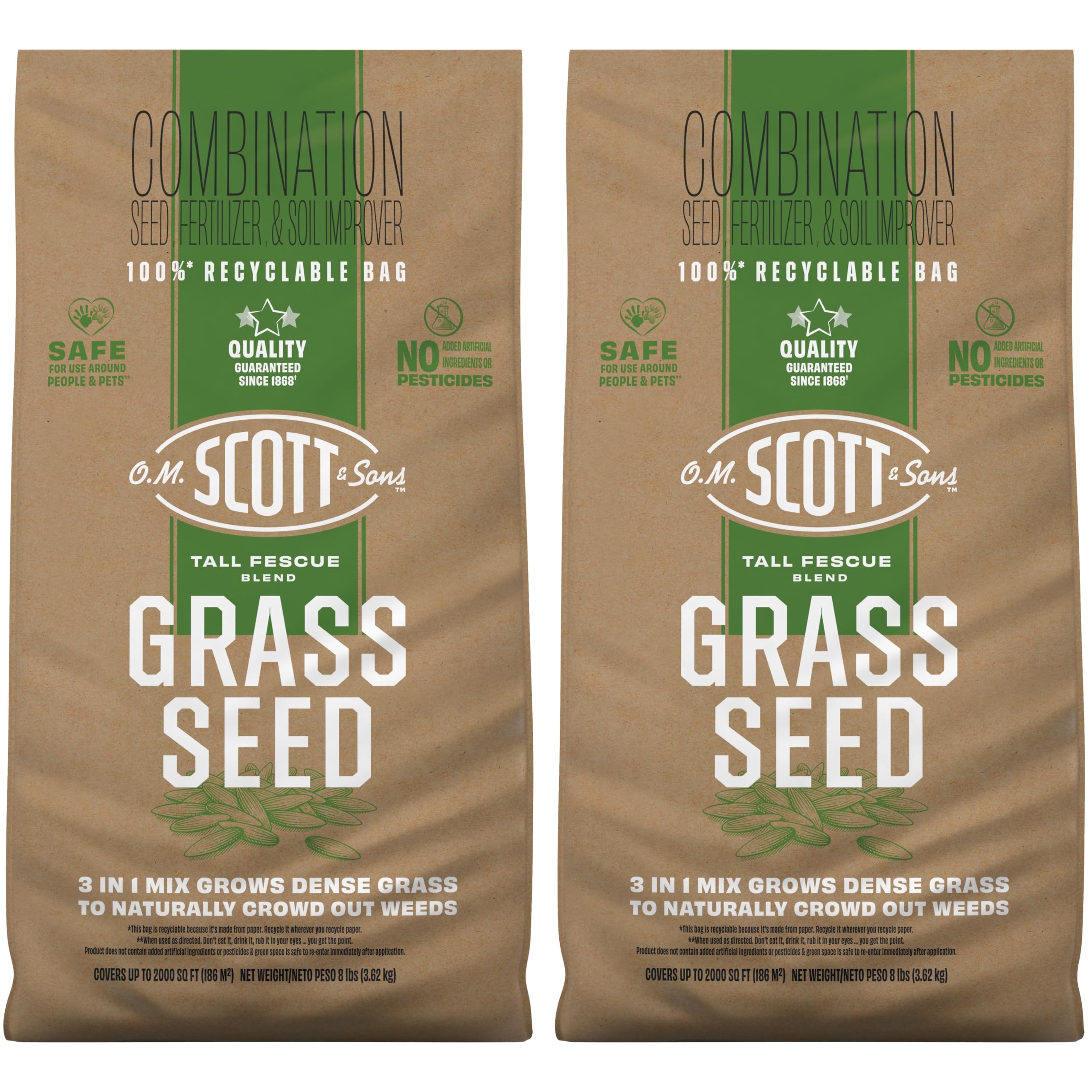 OM Scott Tall Fescue Blend seed bags ready for seeding to encourage dense, weed-resistant lawn.