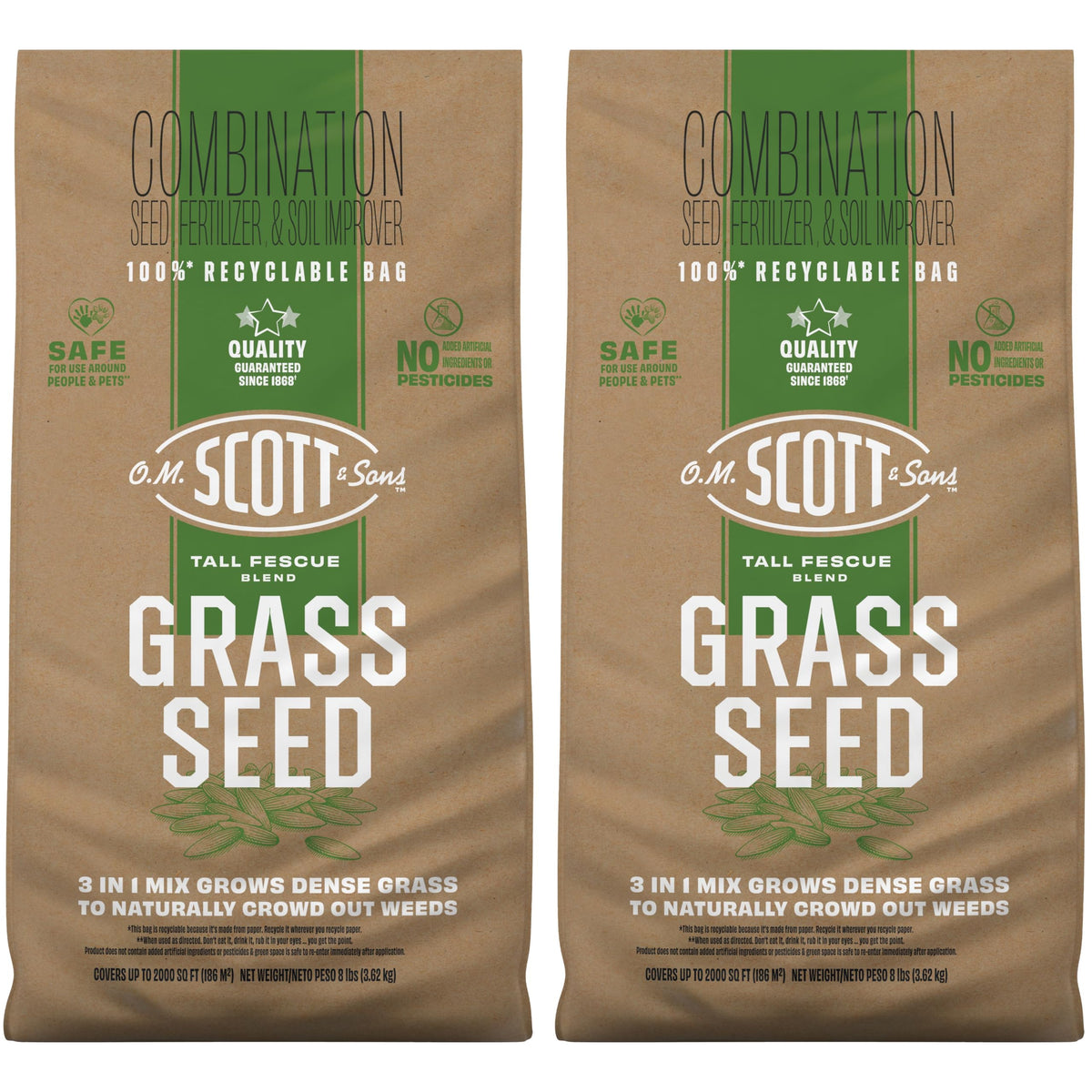 OM Scott Tall Fescue Blend seed bags ready for seeding to encourage dense, weed-resistant lawn.