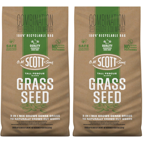 OM Scott Tall Fescue Blend seed bags ready for seeding to encourage dense, weed-resistant lawn.