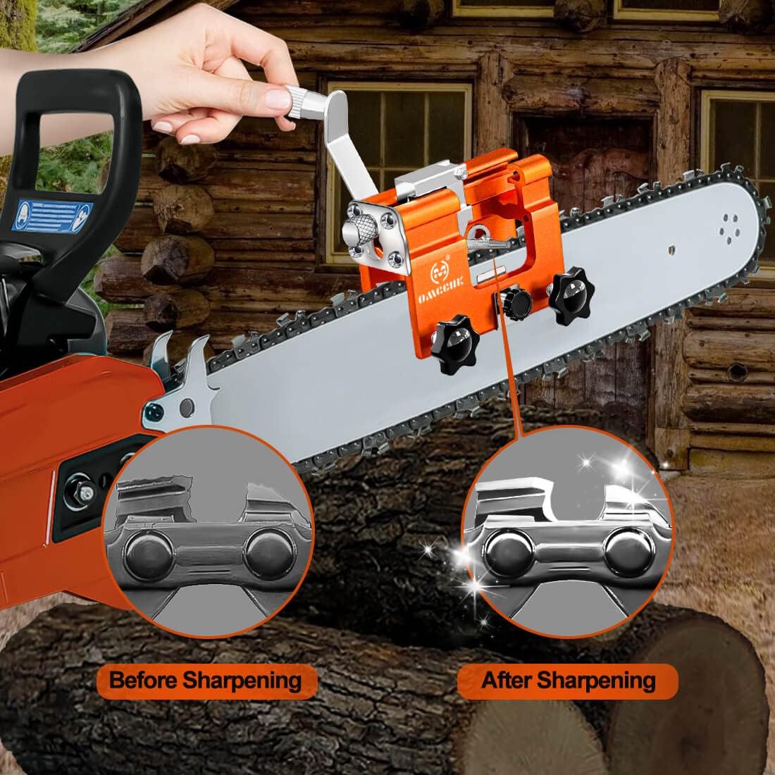 OMCCHK sharpener jig installed on chainsaw for on-site sharpening