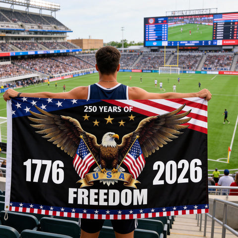 OMCleaner 250th anniversary flag back view ensuring visibility from both sides.