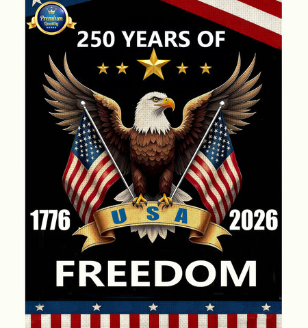 OMCleaner garden flag 12x18 with 1776-2026 design, enhances curb appeal for patriotic holidays.