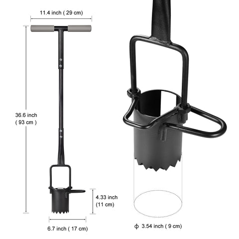 Omesata bulb planter with serrated base enabling easy soil penetration.
